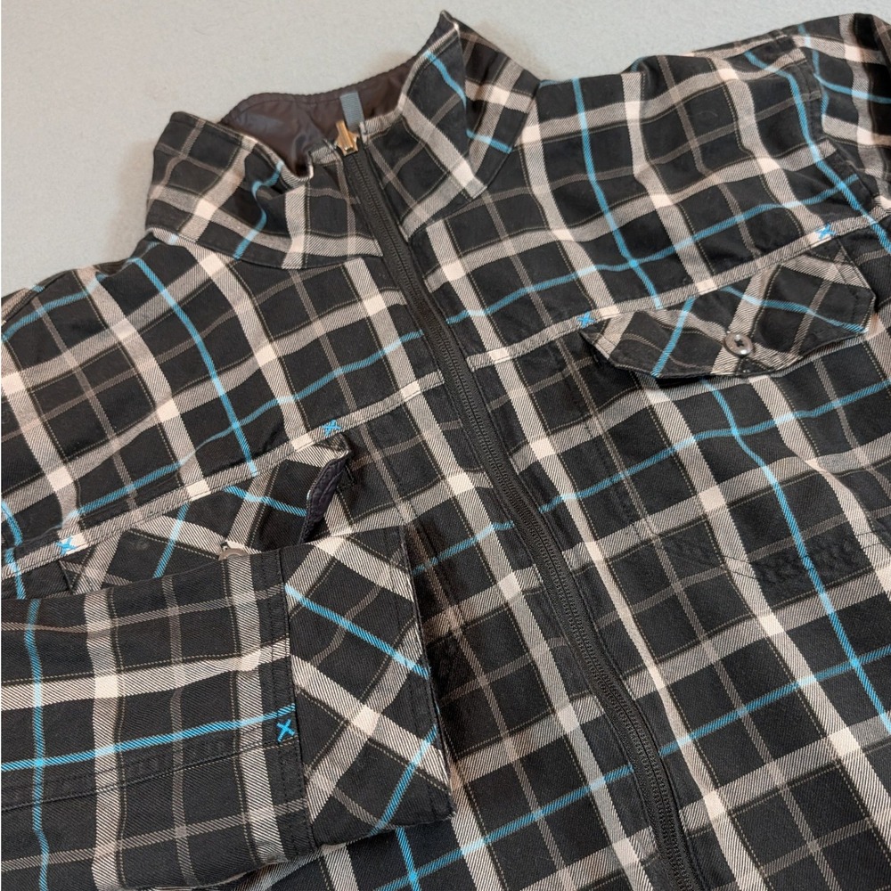 Stio Plaid Full Zip Jacket Mens XL‎ Black Blue Pinecone Logo Lined